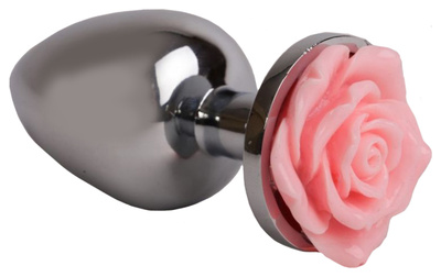 Серебристая анальная пробка со светло-розовой розочкой 9,5 см 4sexdream (серебристый) 