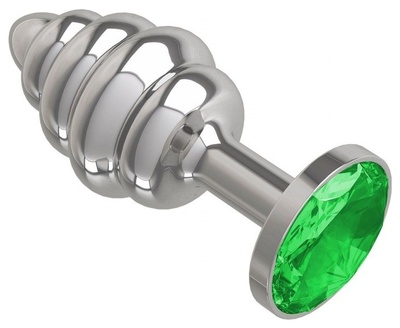 Серебристая рифлёная пробка с зеленым кристаллом 9 см 4sexdream (серебристый) 