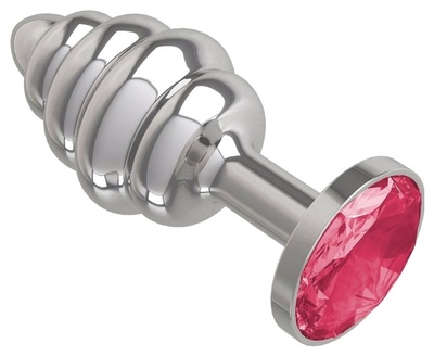 Серебристая рифленая пробка с розовым кристаллом 9 см 4sexdream (серебристый) 