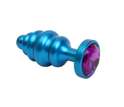 Синяя ребристая анальная пробка с фиолетовым кристаллом 7,3 см 4sexdream (голубой) 