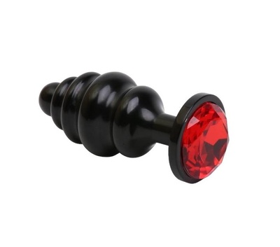 Чёрная ребристая анальная пробка с красным кристаллом 7,3 см 4sexdream (черный) 