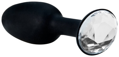 Чёрная силиконовая анальная пробка с кристаллом в основании 8,5 см Seven Creations (серебристый; черный) 