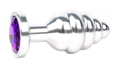 Коническая ребристая серебристая Анальная пробка с фиолетовым кристаллом 8 см Anal Jewelry Plug (серебристый) 